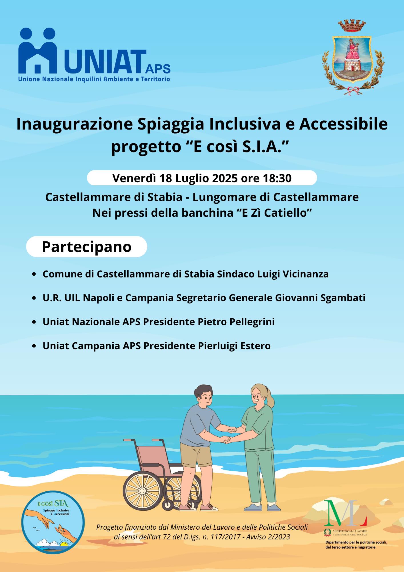 VENERDI’ 18 LUGLIO ALLE ORE 18:30 INAUGURAZIONE DELLA SPIAGGIA INCLUSIVA E ACCESSIBILE DEL PROGETTO “E COSI’ S.I.A.”-